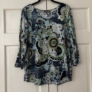 Chico's Size 3 Blue Green 3/4 Sleeve Floral Graphic Bateau Neck Blouse Chicos XL